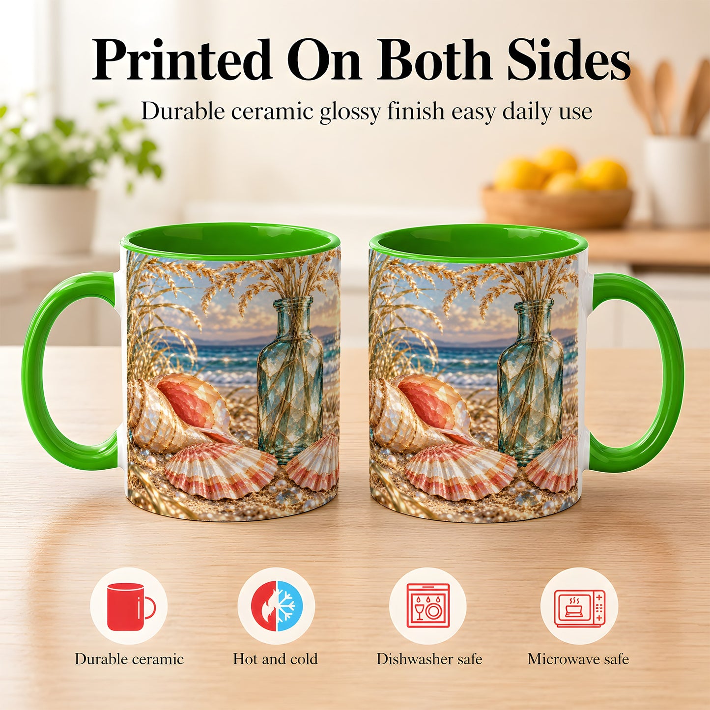 #pl[11oz|Green] Sunset Seashell Coffee Mug, Faceted Beach Mug, Ceramic Cup, Coastal Art