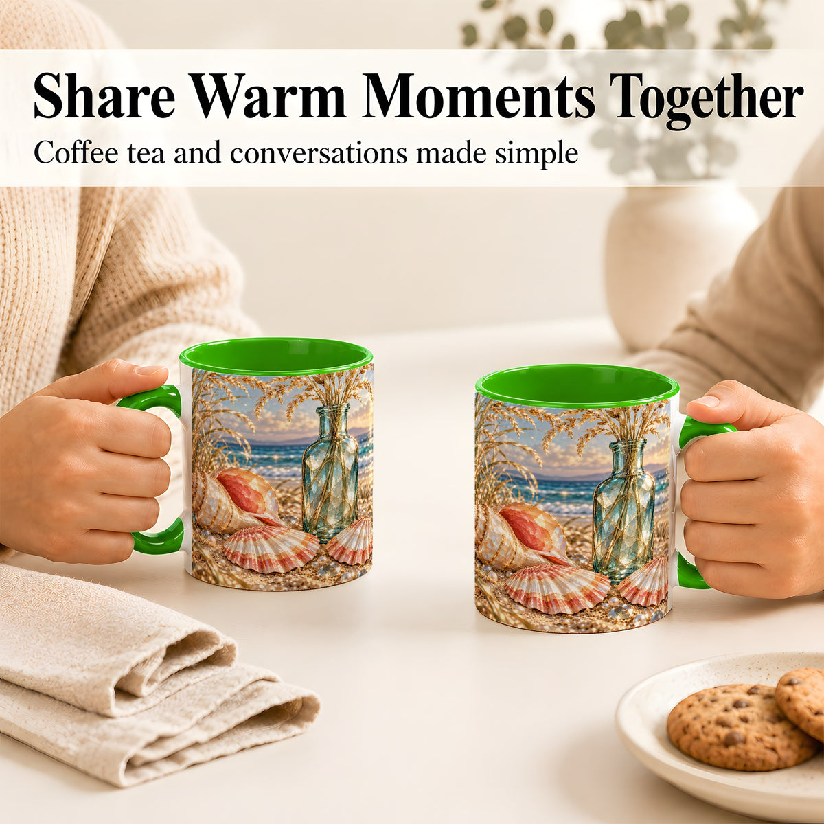 #pl[11oz|Green] Sunset Seashell Coffee Mug, Faceted Beach Mug, Ceramic Cup, Coastal Art