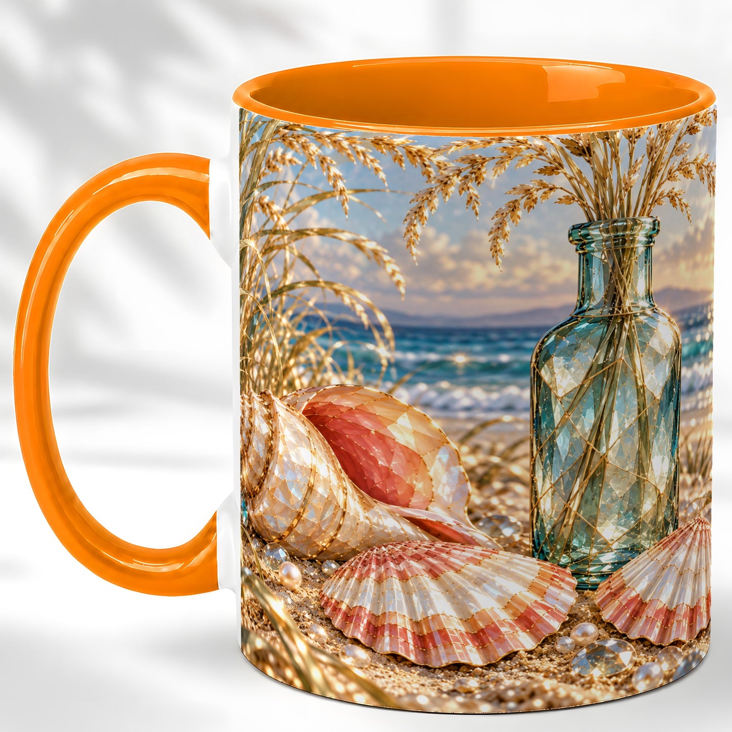 #pl[11oz|Orange] Sunset Seashell Coffee Mug, Faceted Beach Mug, Ceramic Cup, Coastal Art