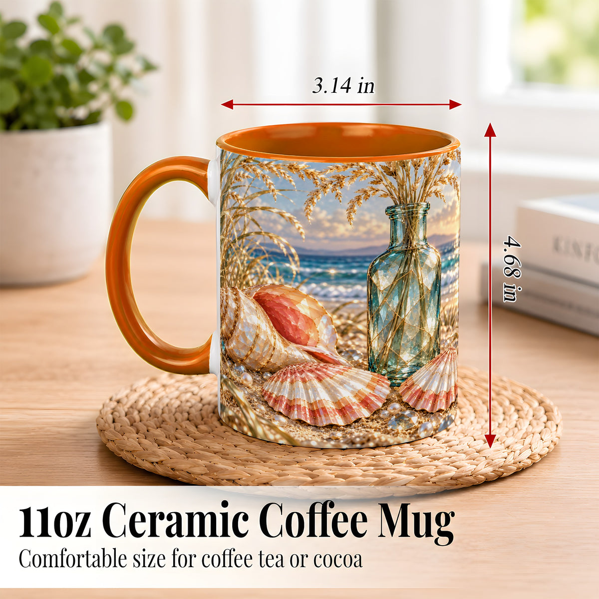 #pl[11oz|Orange] Sunset Seashell Coffee Mug, Faceted Beach Mug, Ceramic Cup, Coastal Art