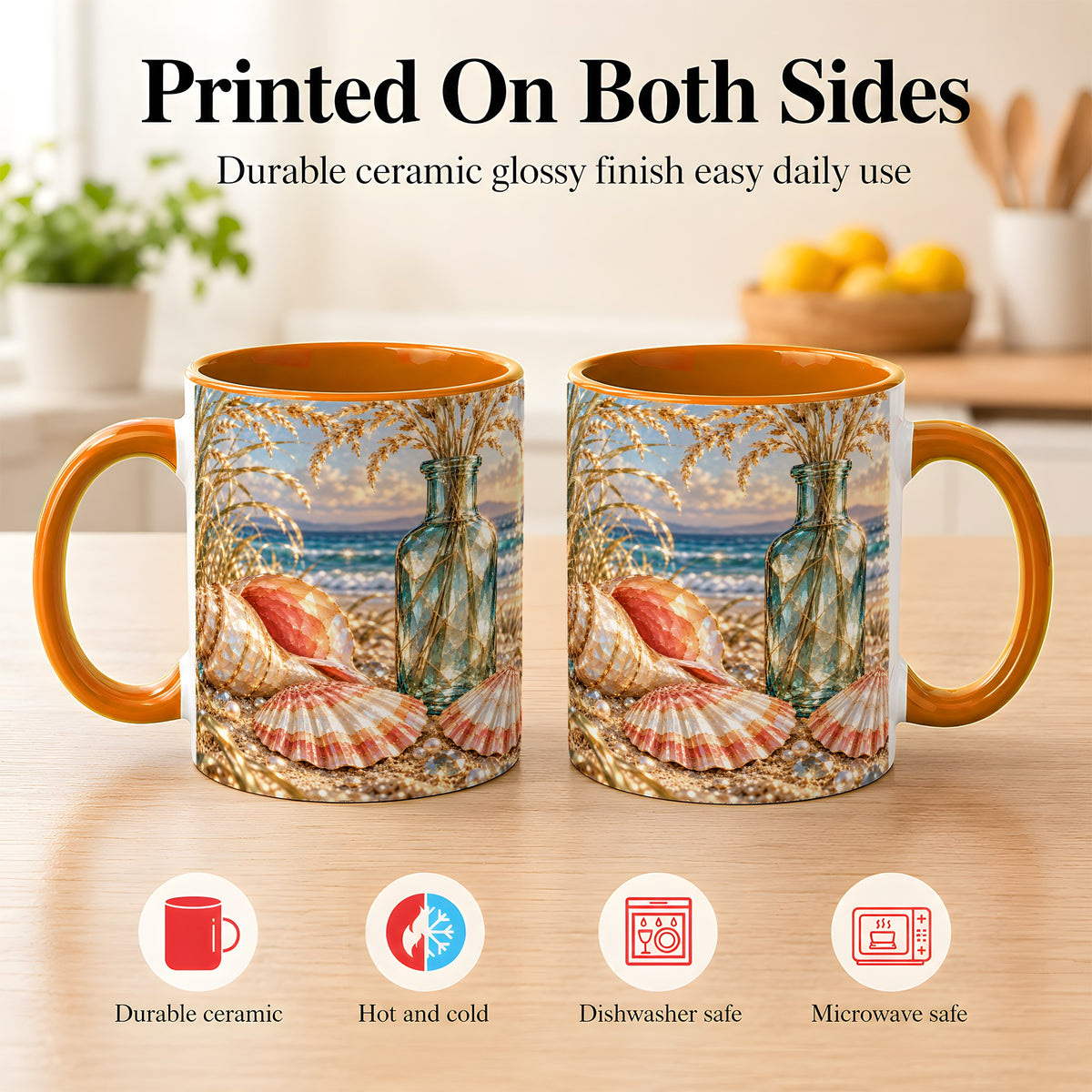 #pl[11oz|Orange] Sunset Seashell Coffee Mug, Faceted Beach Mug, Ceramic Cup, Coastal Art