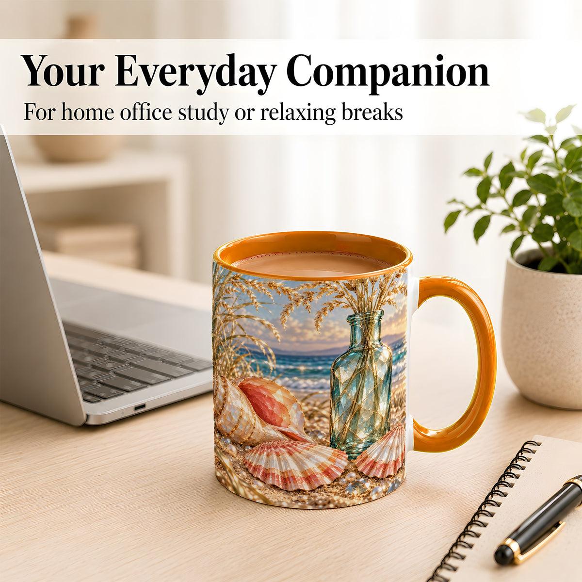 #pl[11oz|Orange] Sunset Seashell Coffee Mug, Faceted Beach Mug, Ceramic Cup, Coastal Art