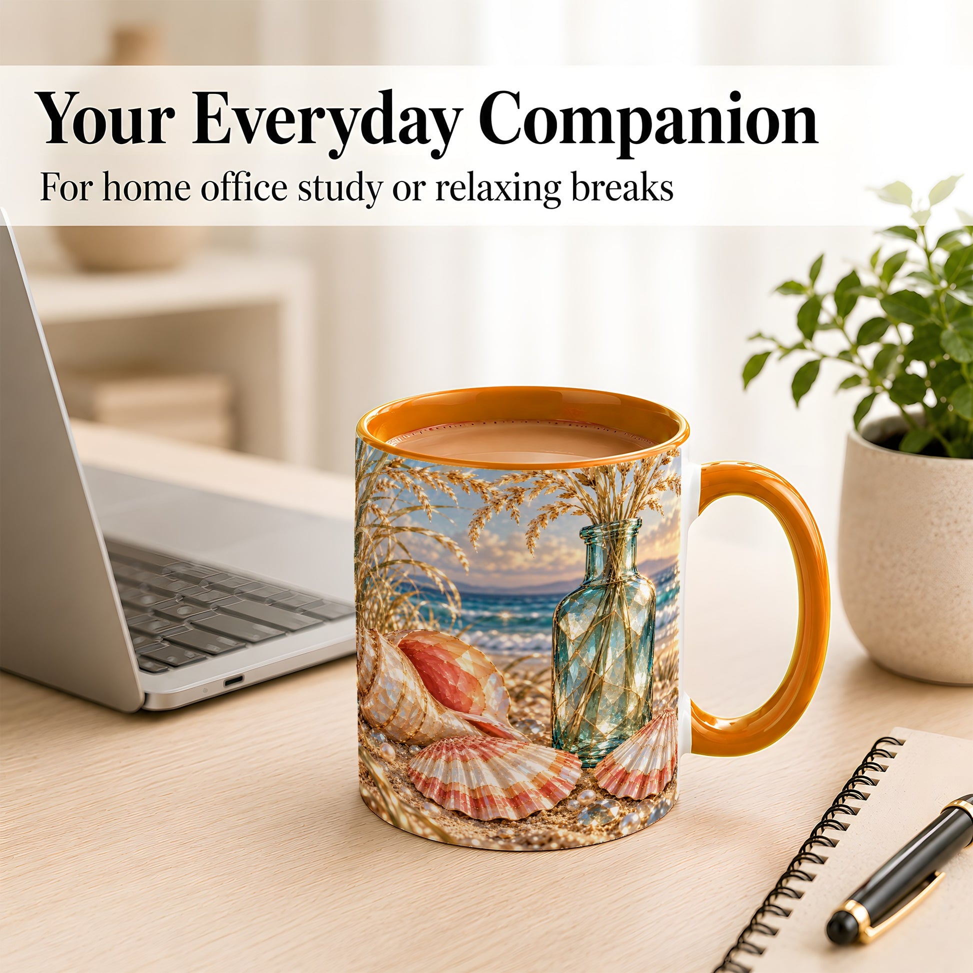 #pl[11oz|Orange] Sunset Seashell Coffee Mug, Faceted Beach Mug, Ceramic Cup, Coastal Art
