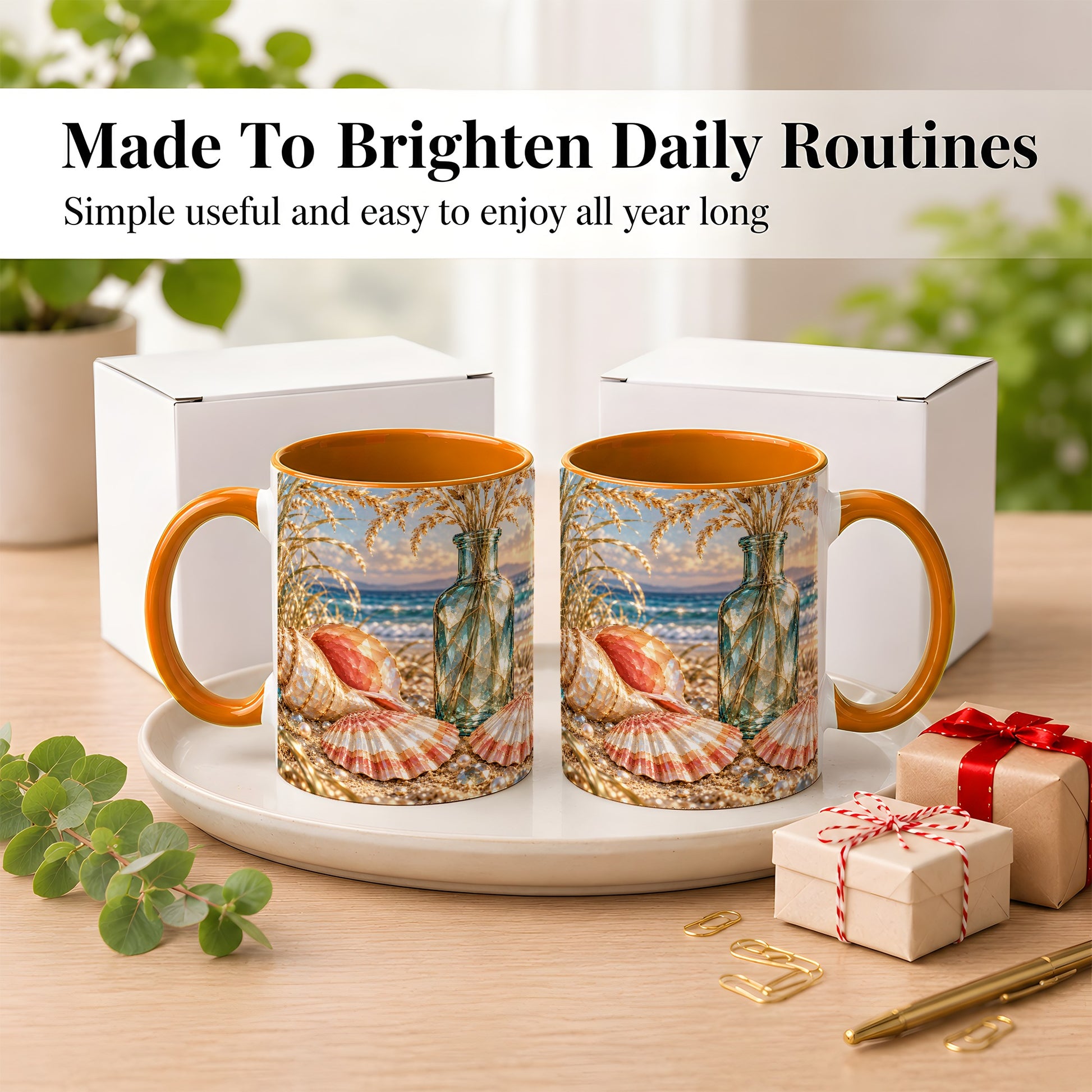#pl[11oz|Orange] Sunset Seashell Coffee Mug, Faceted Beach Mug, Ceramic Cup, Coastal Art