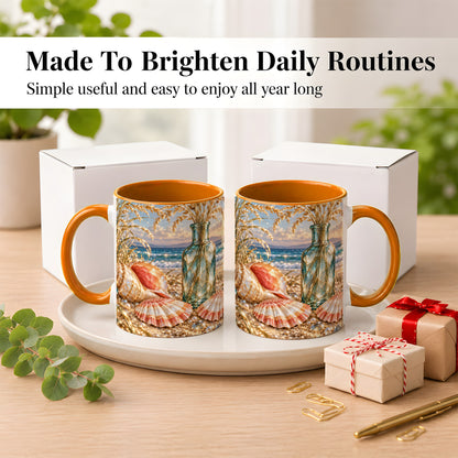 #pl[11oz|Orange] Sunset Seashell Coffee Mug, Faceted Beach Mug, Ceramic Cup, Coastal Art