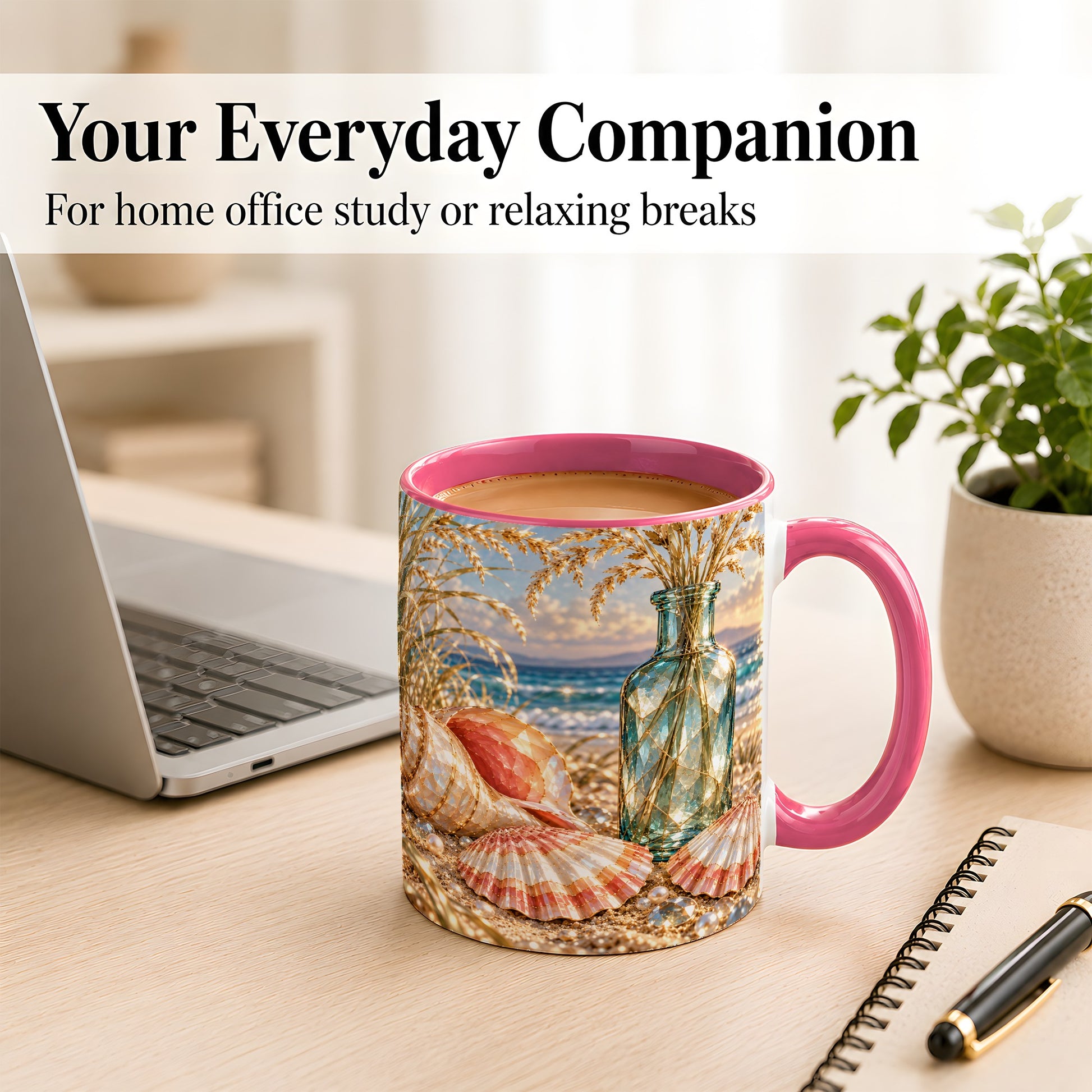 #pl[11oz|Pink] Sunset Seashell Coffee Mug, Faceted Beach Mug, Ceramic Cup, Coastal Art