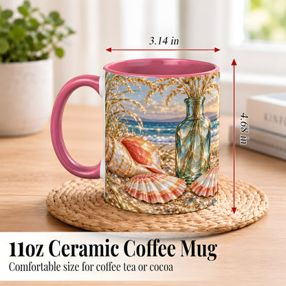 #pl[11oz|Pink] Sunset Seashell Coffee Mug, Faceted Beach Mug, Ceramic Cup, Coastal Art