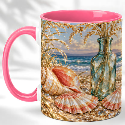 #pl[11oz|Pink] Sunset Seashell Coffee Mug, Faceted Beach Mug, Ceramic Cup, Coastal Art