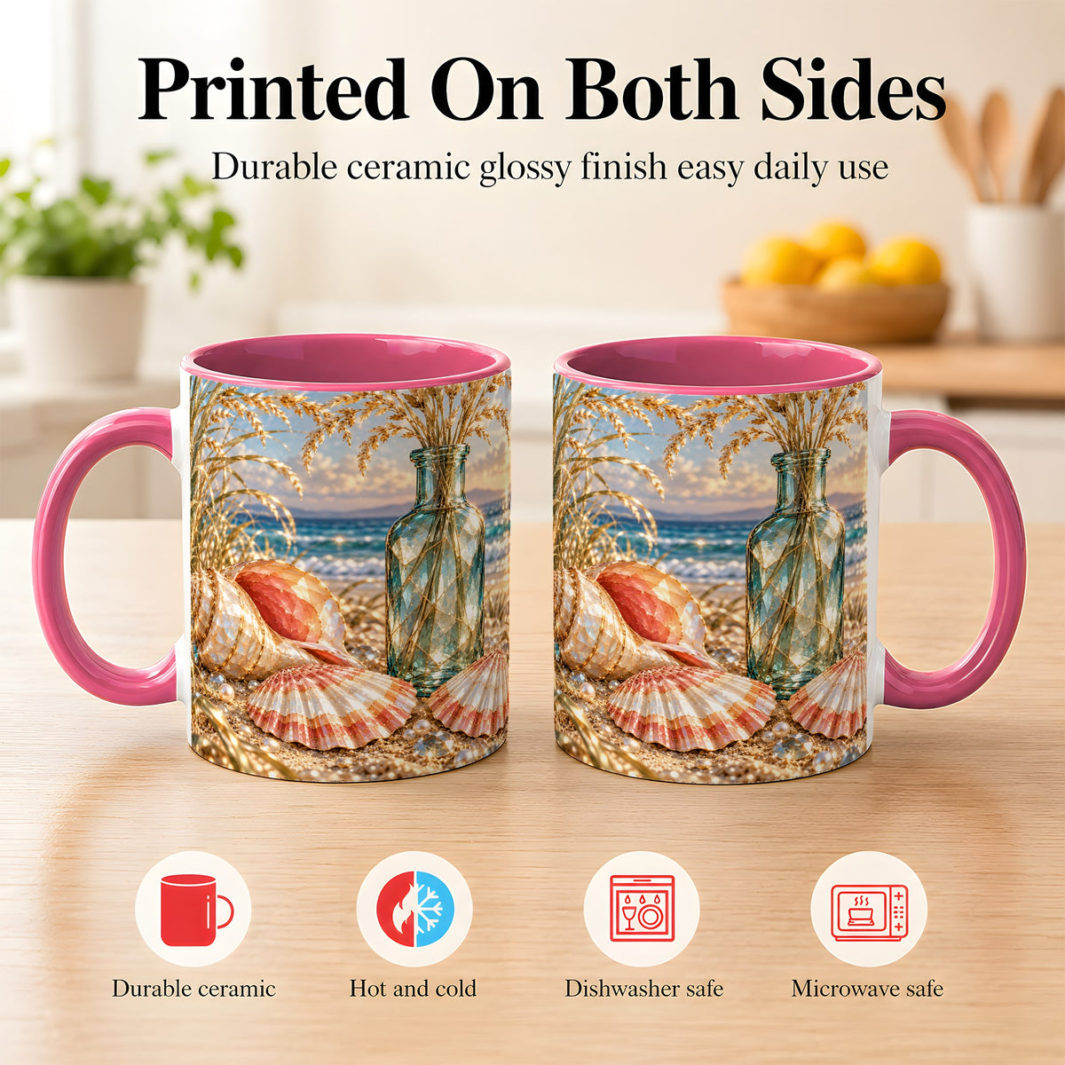 #pl[11oz|Pink] Sunset Seashell Coffee Mug, Faceted Beach Mug, Ceramic Cup, Coastal Art