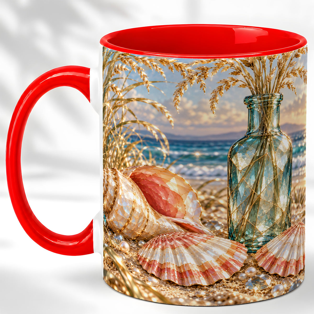 Sunset Seashell Coffee Mug, Faceted Beach Mug, Ceramic Cup, Coastal Art