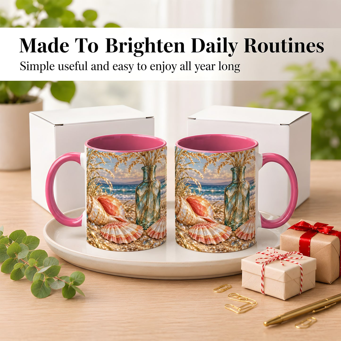 #pl[11oz|Pink] Sunset Seashell Coffee Mug, Faceted Beach Mug, Ceramic Cup, Coastal Art