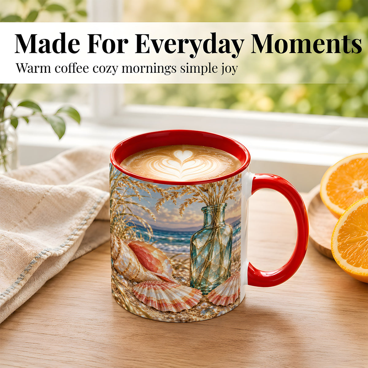 #pl[11oz|Red] Sunset Seashell Coffee Mug, Faceted Beach Mug, Ceramic Cup, Coastal Art