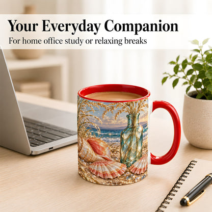 #pl[11oz|Red] Sunset Seashell Coffee Mug, Faceted Beach Mug, Ceramic Cup, Coastal Art