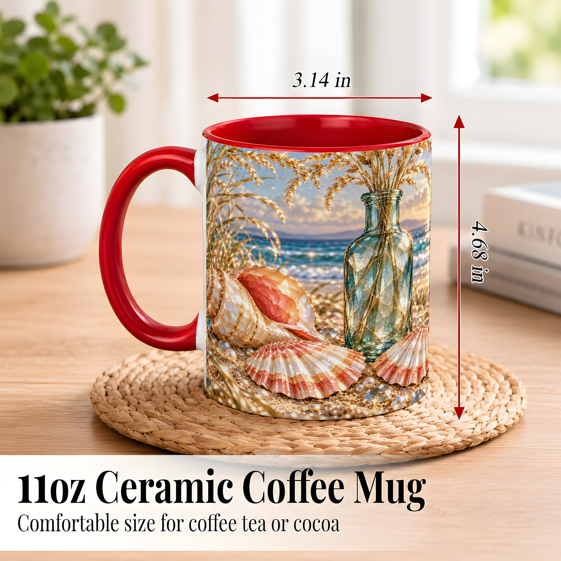 #pl[11oz|Red] Sunset Seashell Coffee Mug, Faceted Beach Mug, Ceramic Cup, Coastal Art