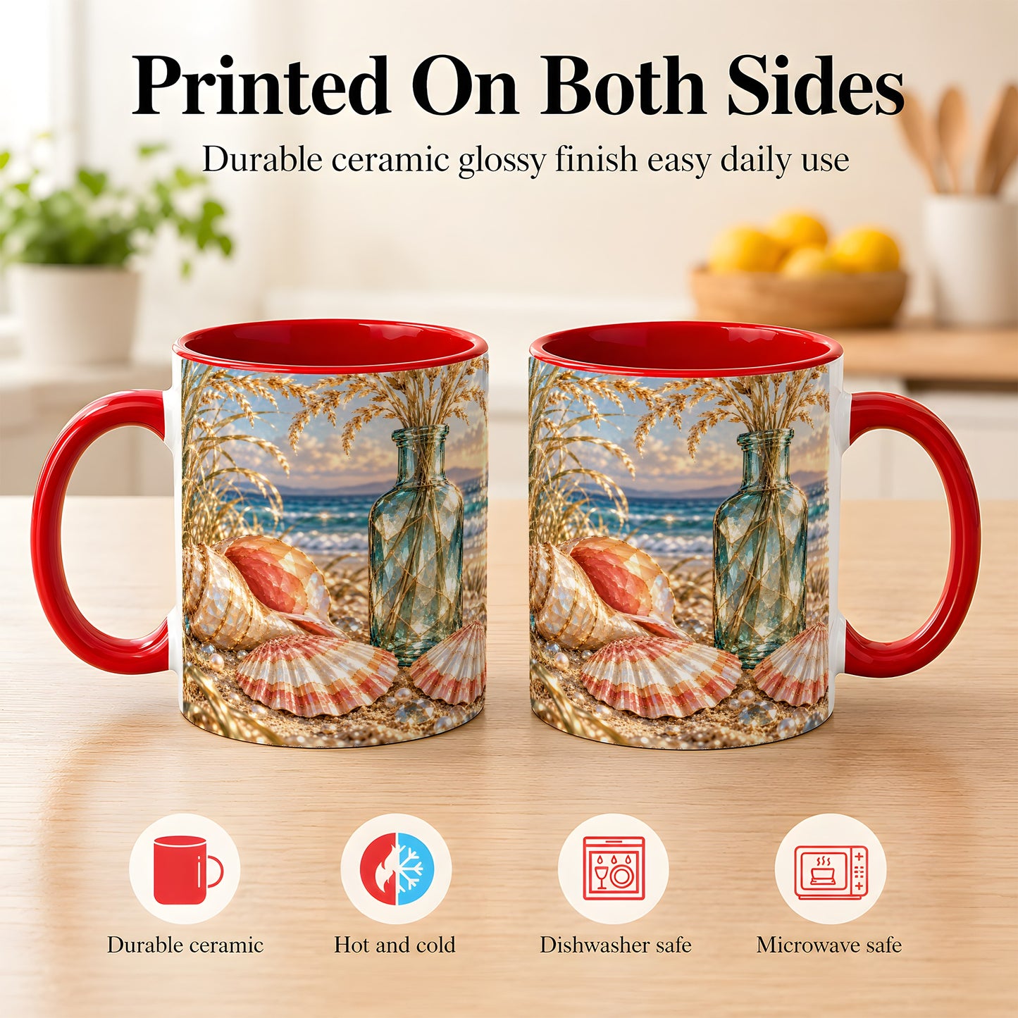#pl[11oz|Red] Sunset Seashell Coffee Mug, Faceted Beach Mug, Ceramic Cup, Coastal Art