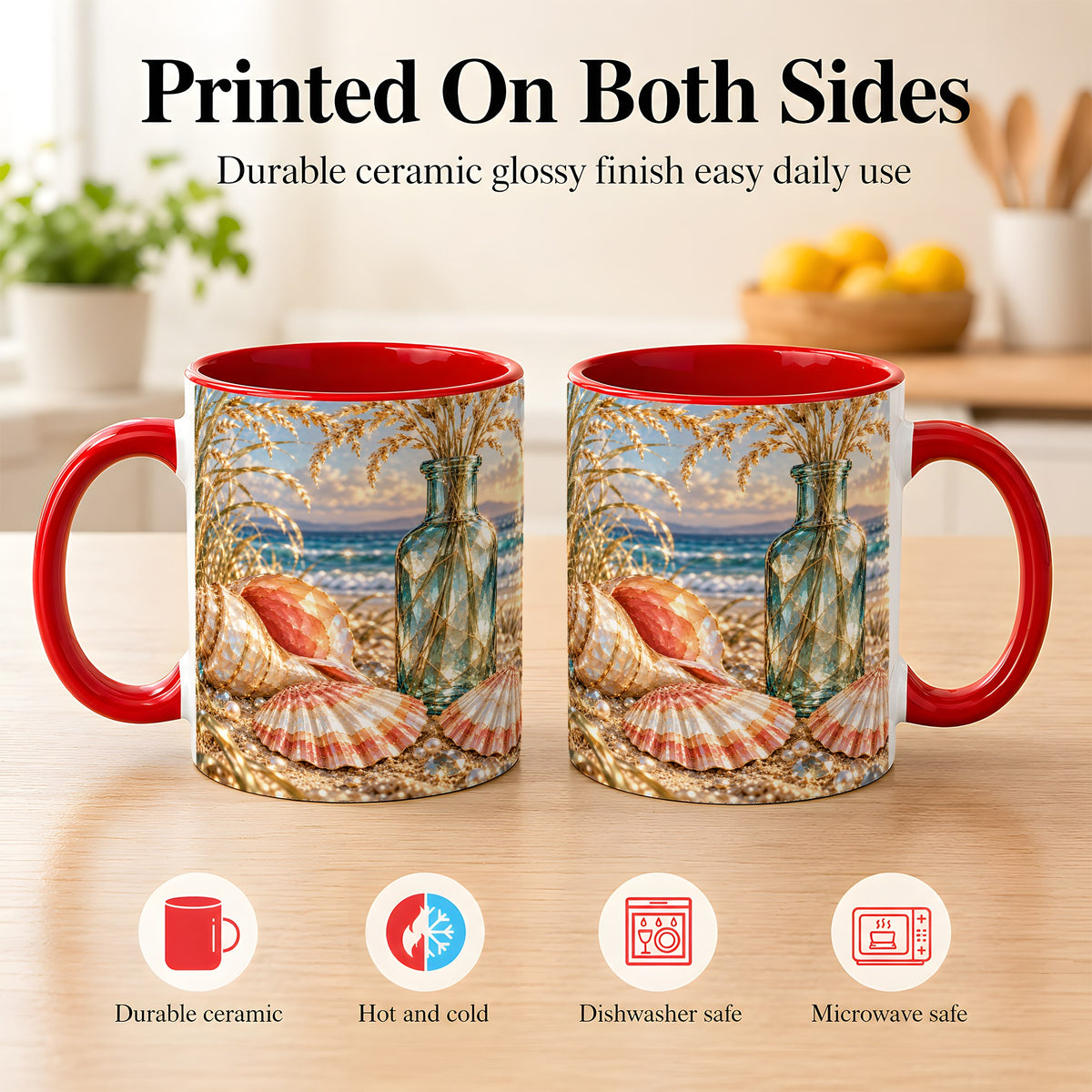 #pl[11oz|Red] Sunset Seashell Coffee Mug, Faceted Beach Mug, Ceramic Cup, Coastal Art