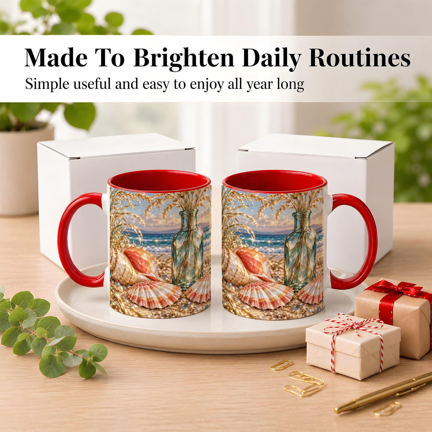 #pl[11oz|Red] Sunset Seashell Coffee Mug, Faceted Beach Mug, Ceramic Cup, Coastal Art