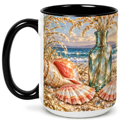 #pl[15oz|Black] Sunset Seashell Coffee Mug, Faceted Beach Mug, Ceramic Cup, Coastal Art
