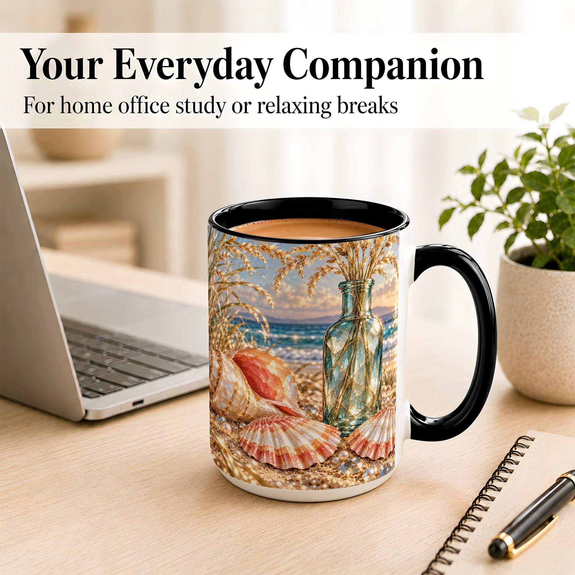 #pl[15oz|Black] Sunset Seashell Coffee Mug, Faceted Beach Mug, Ceramic Cup, Coastal Art