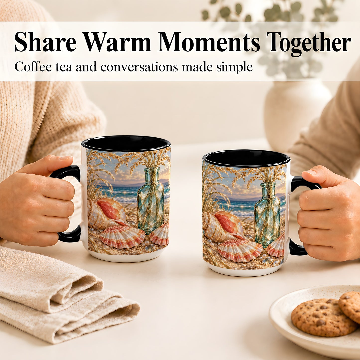#pl[15oz|Black] Sunset Seashell Coffee Mug, Faceted Beach Mug, Ceramic Cup, Coastal Art