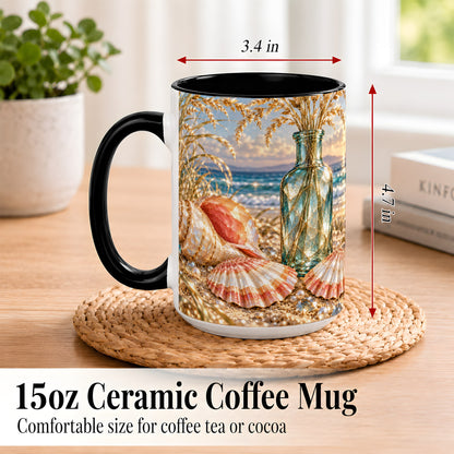 #pl[15oz|Black] Sunset Seashell Coffee Mug, Faceted Beach Mug, Ceramic Cup, Coastal Art