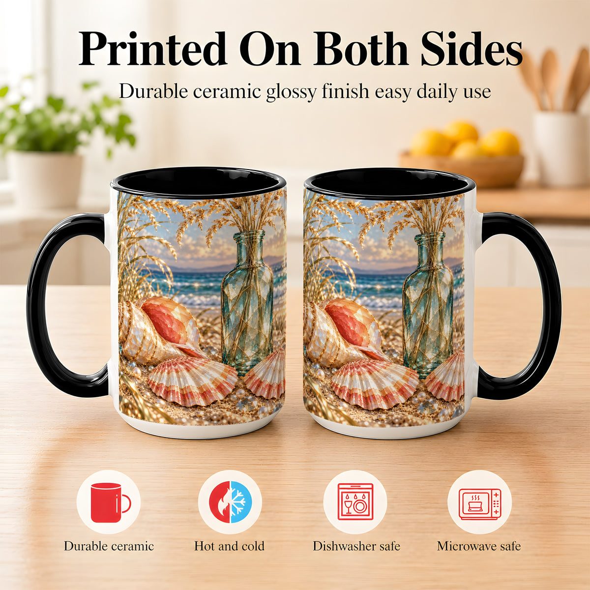 #pl[15oz|Black] Sunset Seashell Coffee Mug, Faceted Beach Mug, Ceramic Cup, Coastal Art
