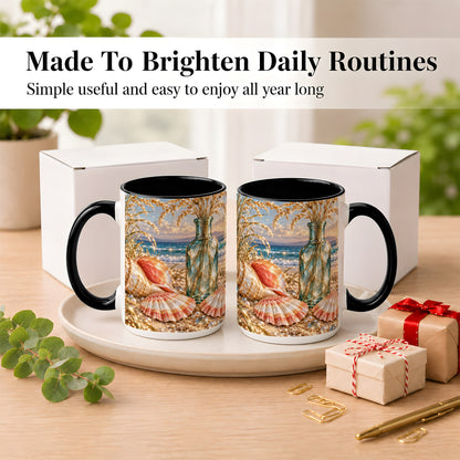 #pl[15oz|Black] Sunset Seashell Coffee Mug, Faceted Beach Mug, Ceramic Cup, Coastal Art