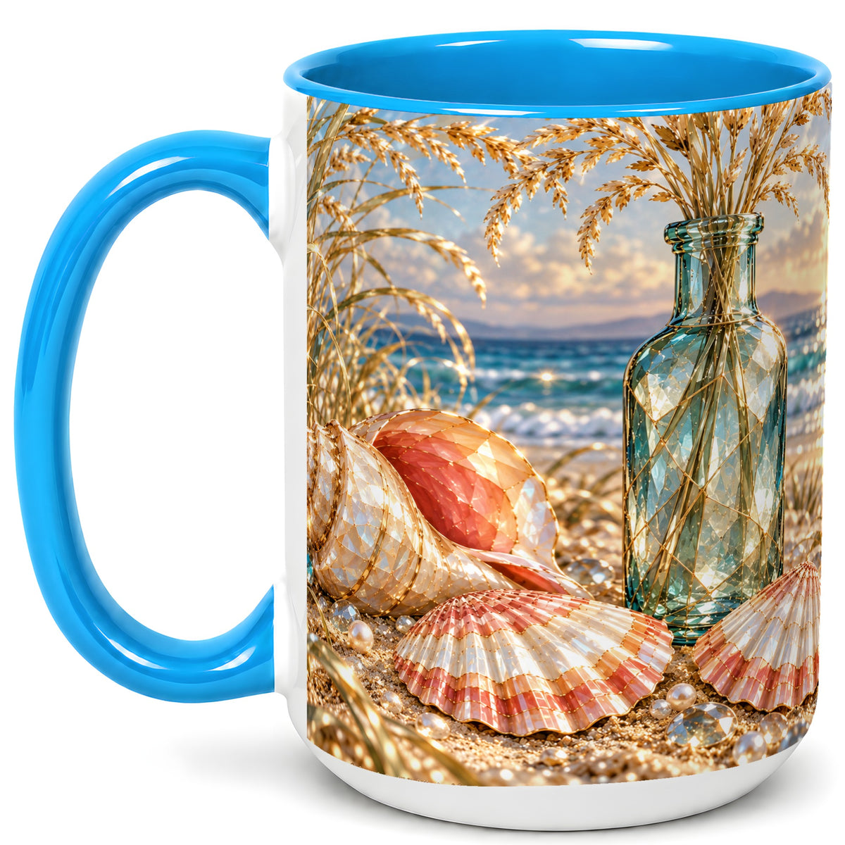#pl[15oz|Blue] Sunset Seashell Coffee Mug, Faceted Beach Mug, Ceramic Cup, Coastal Art