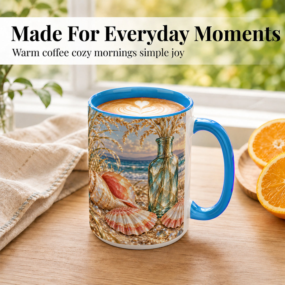 #pl[15oz|Blue] Sunset Seashell Coffee Mug, Faceted Beach Mug, Ceramic Cup, Coastal Art