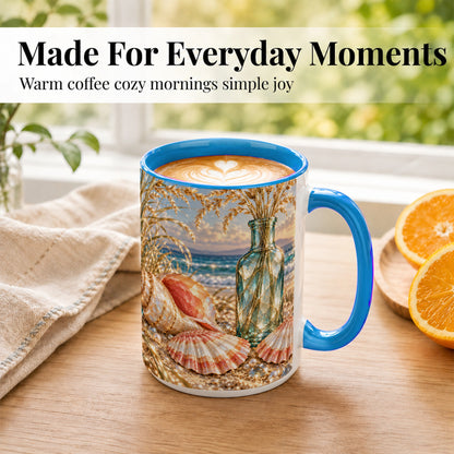 #pl[15oz|Blue] Sunset Seashell Coffee Mug, Faceted Beach Mug, Ceramic Cup, Coastal Art