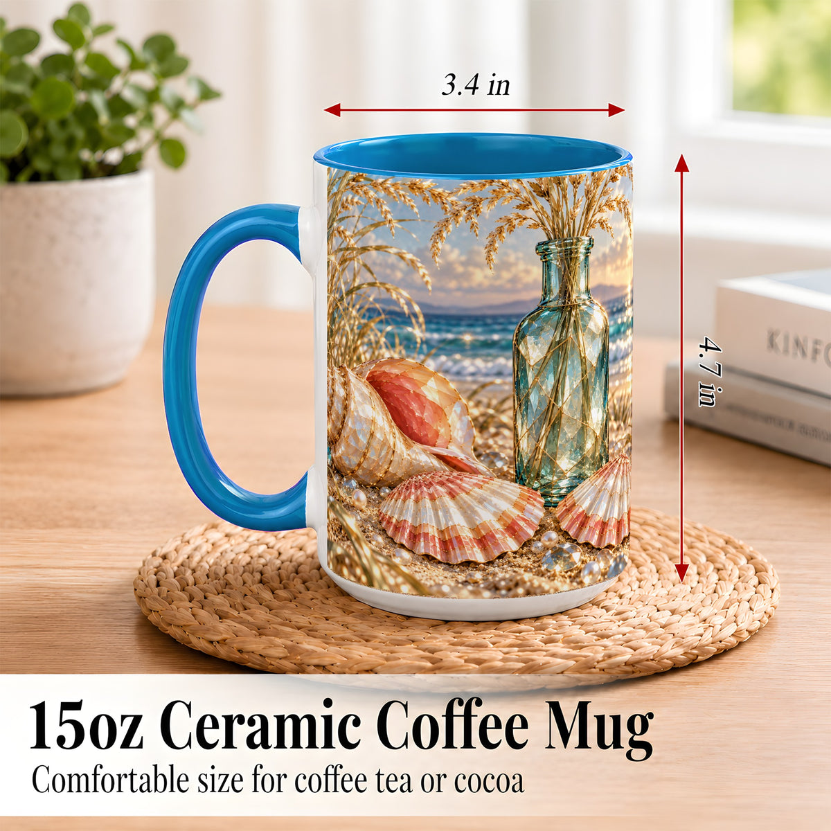 #pl[15oz|Blue] Sunset Seashell Coffee Mug, Faceted Beach Mug, Ceramic Cup, Coastal Art