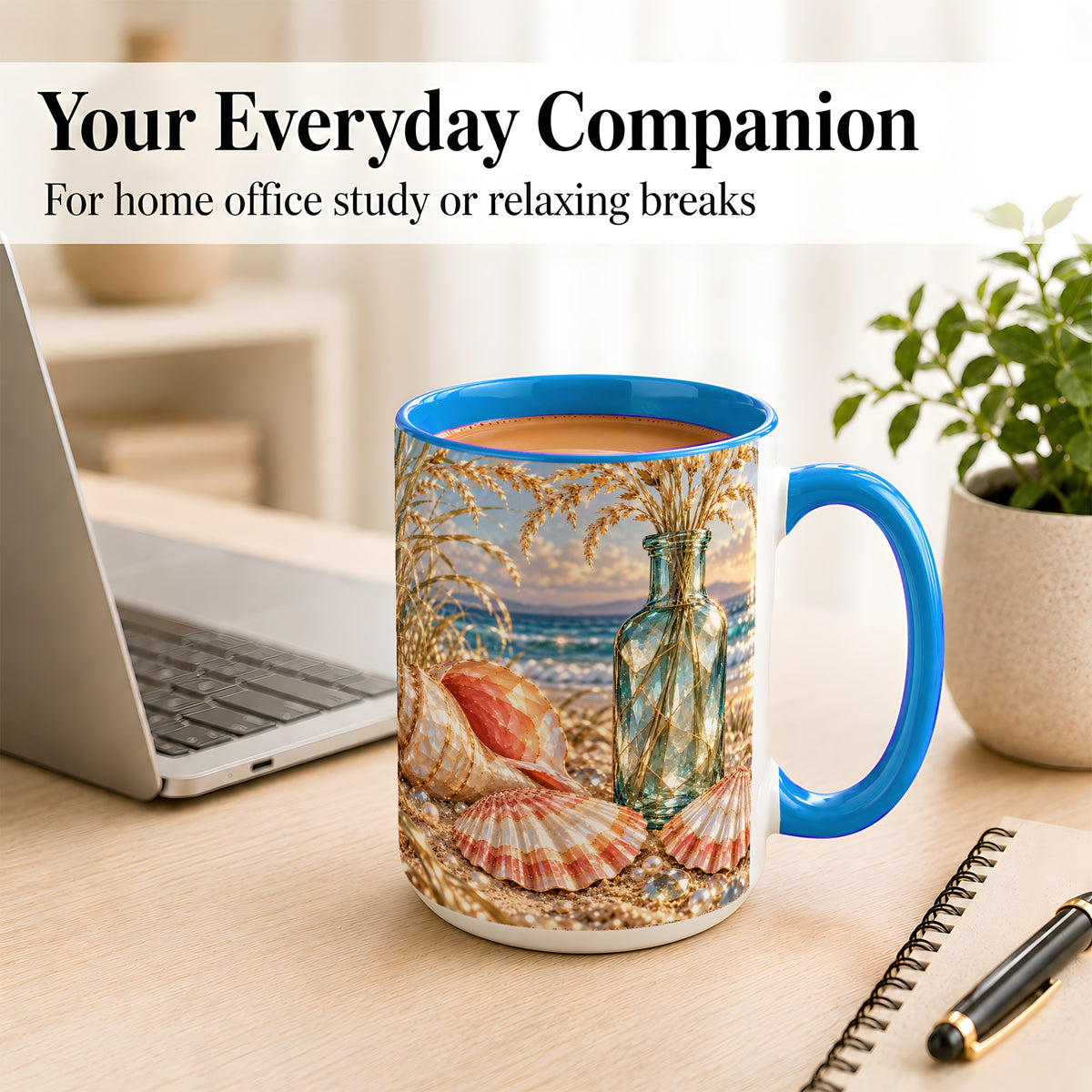#pl[15oz|Blue] Sunset Seashell Coffee Mug, Faceted Beach Mug, Ceramic Cup, Coastal Art