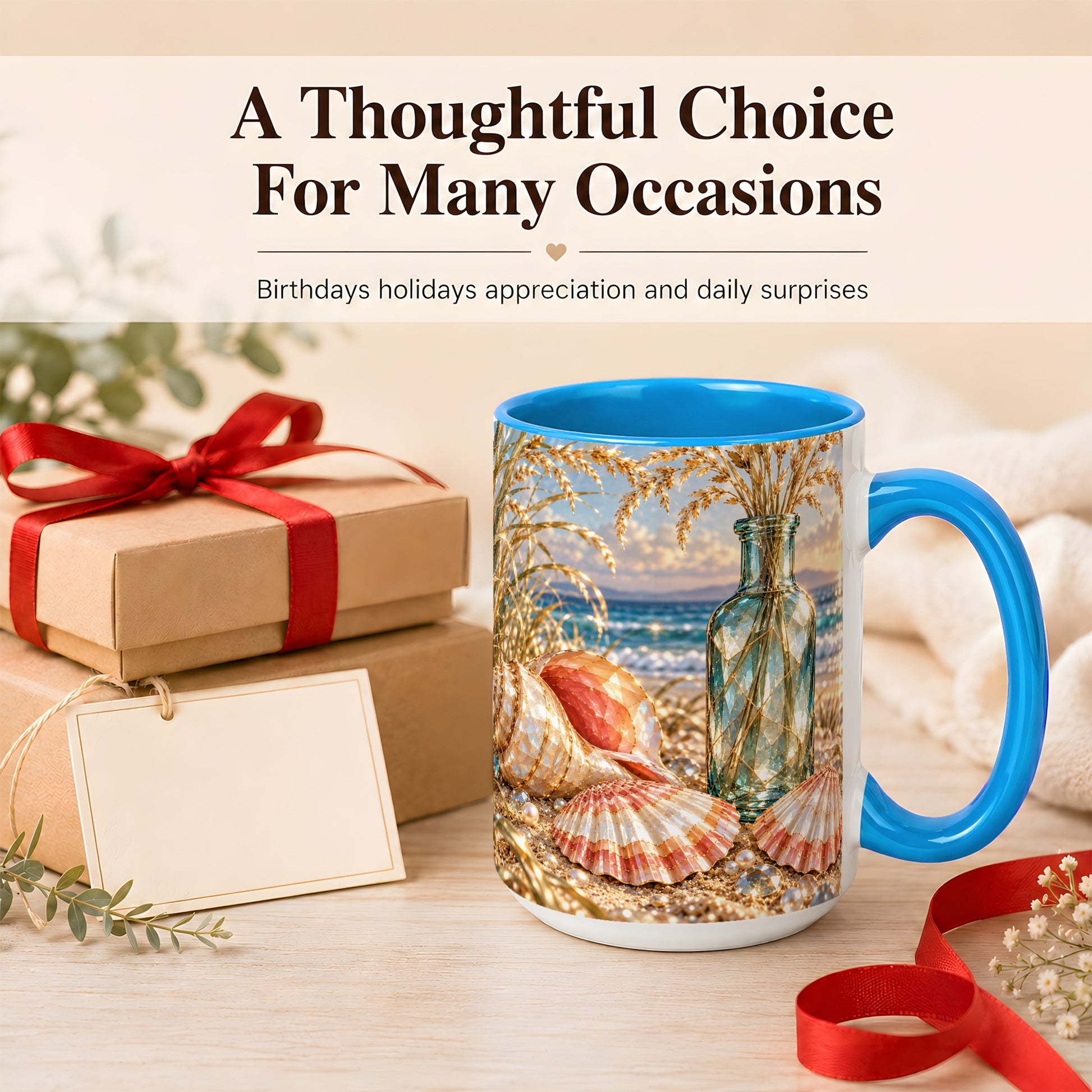 #pl[15oz|Blue] Sunset Seashell Coffee Mug, Faceted Beach Mug, Ceramic Cup, Coastal Art