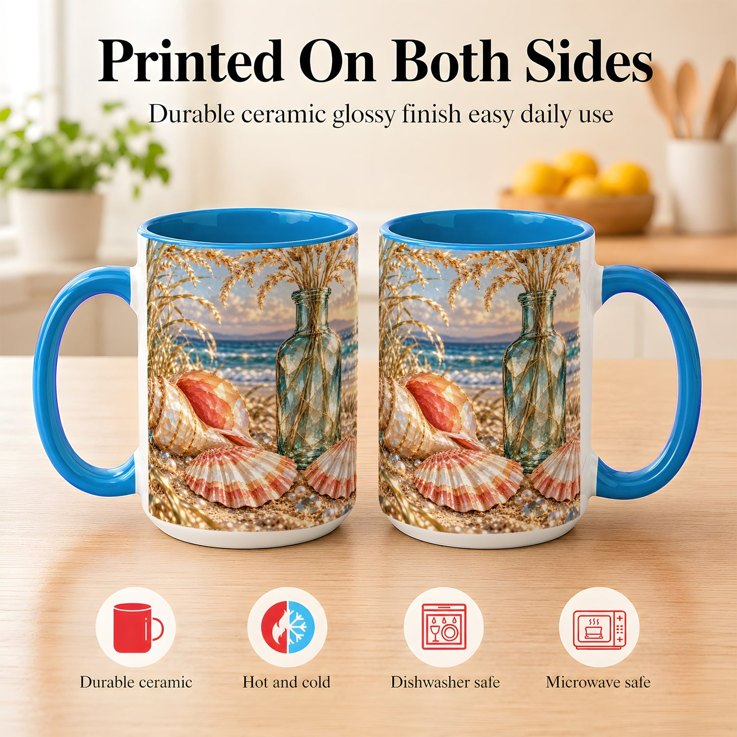 #pl[15oz|Blue] Sunset Seashell Coffee Mug, Faceted Beach Mug, Ceramic Cup, Coastal Art