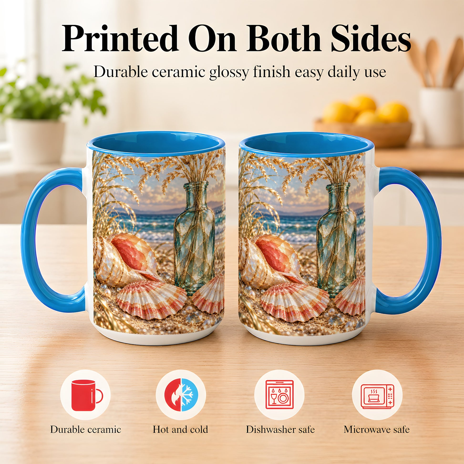 #pl[15oz|Blue] Sunset Seashell Coffee Mug, Faceted Beach Mug, Ceramic Cup, Coastal Art