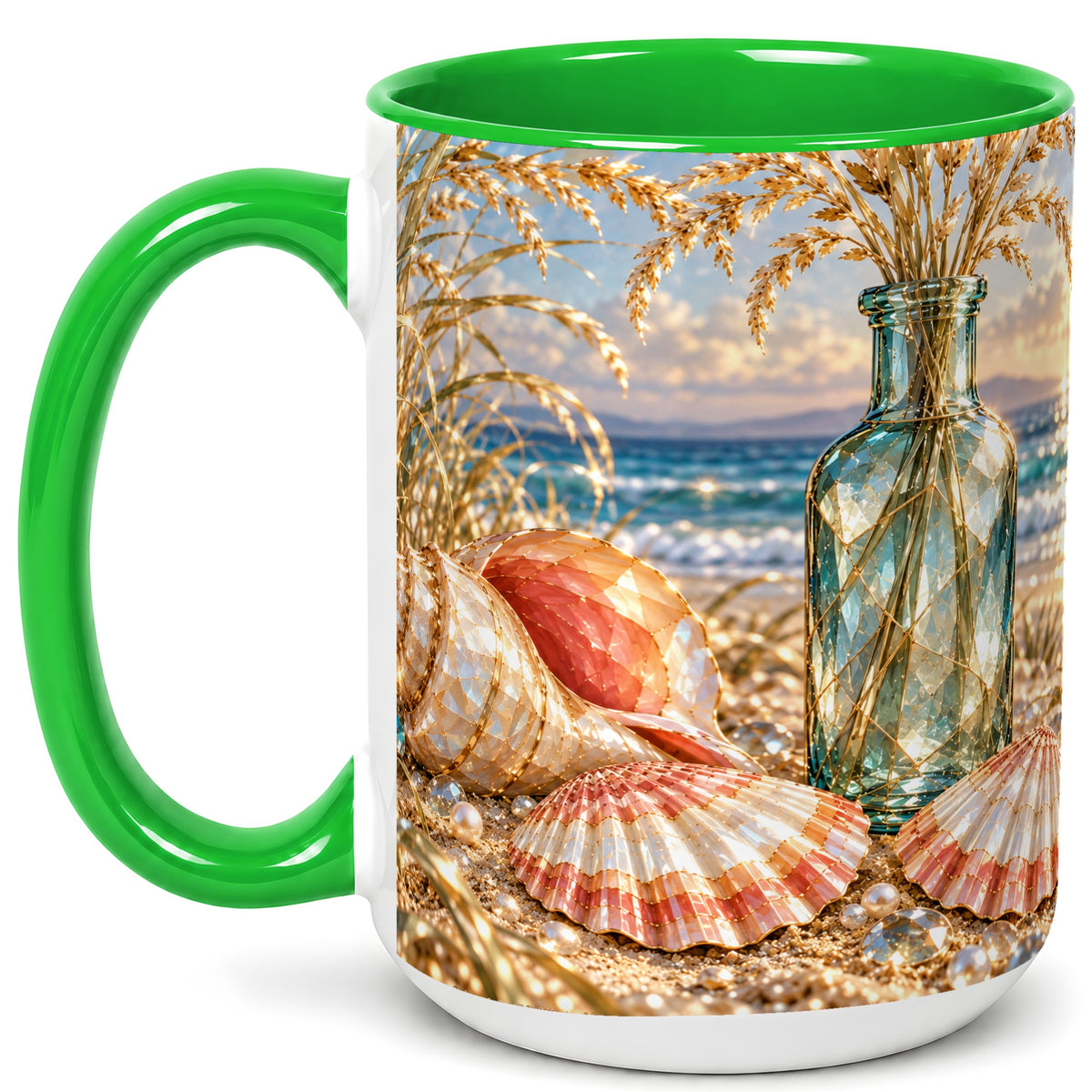 #pl[15oz|Green] Sunset Seashell Coffee Mug, Faceted Beach Mug, Ceramic Cup, Coastal Art