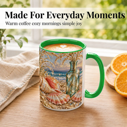 #pl[15oz|Green] Sunset Seashell Coffee Mug, Faceted Beach Mug, Ceramic Cup, Coastal Art