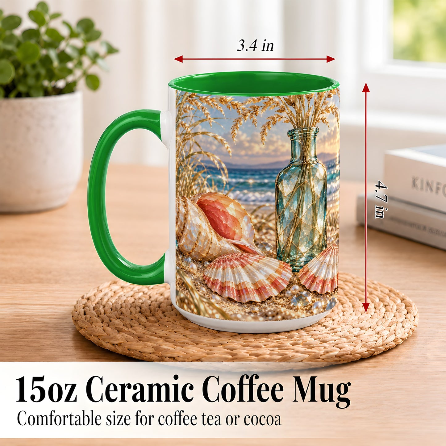 #pl[15oz|Green] Sunset Seashell Coffee Mug, Faceted Beach Mug, Ceramic Cup, Coastal Art