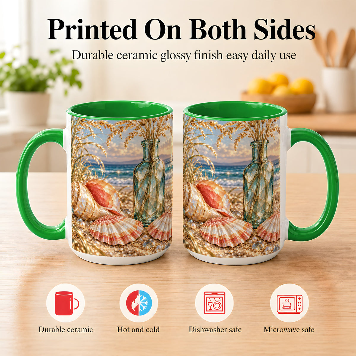 #pl[15oz|Green] Sunset Seashell Coffee Mug, Faceted Beach Mug, Ceramic Cup, Coastal Art