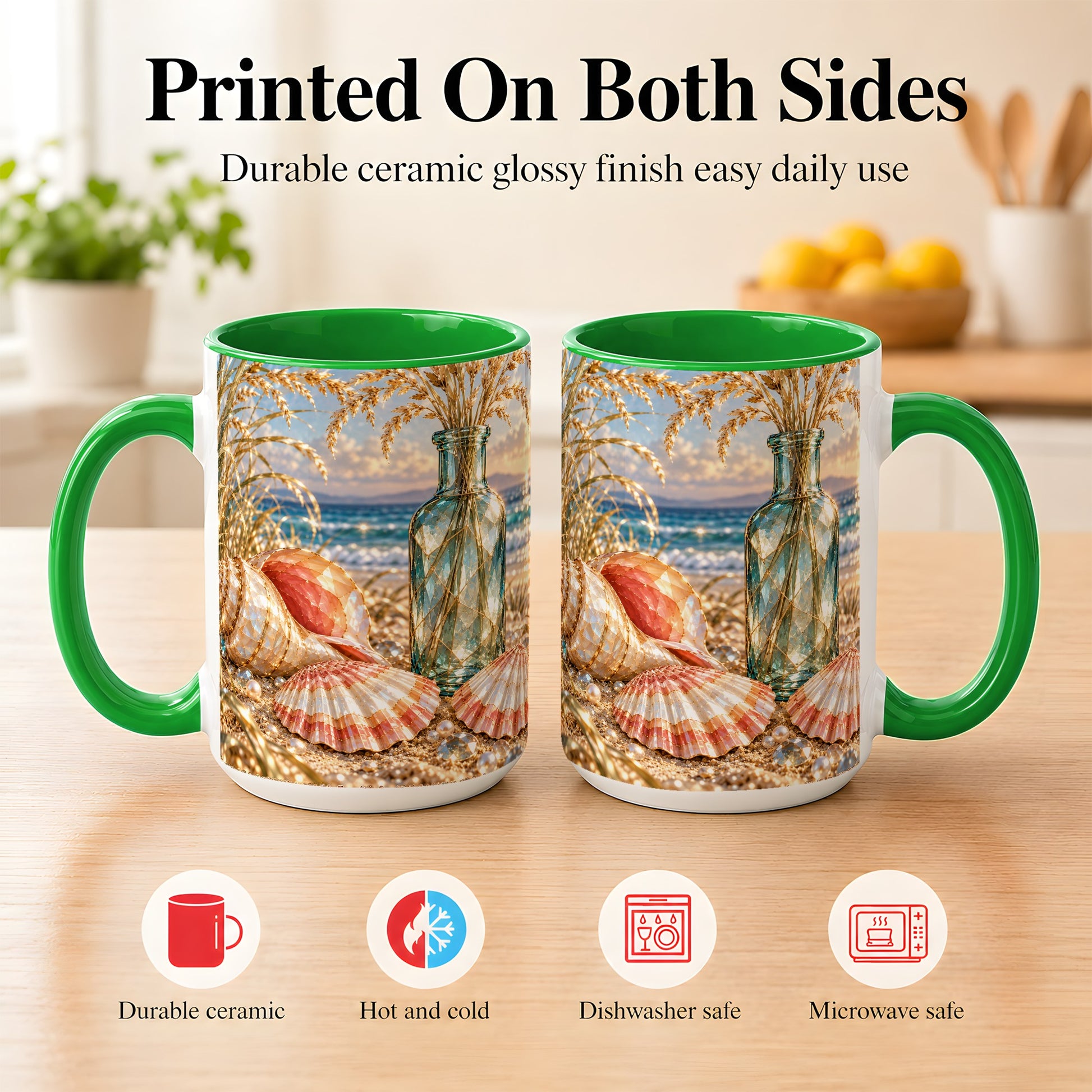 #pl[15oz|Green] Sunset Seashell Coffee Mug, Faceted Beach Mug, Ceramic Cup, Coastal Art