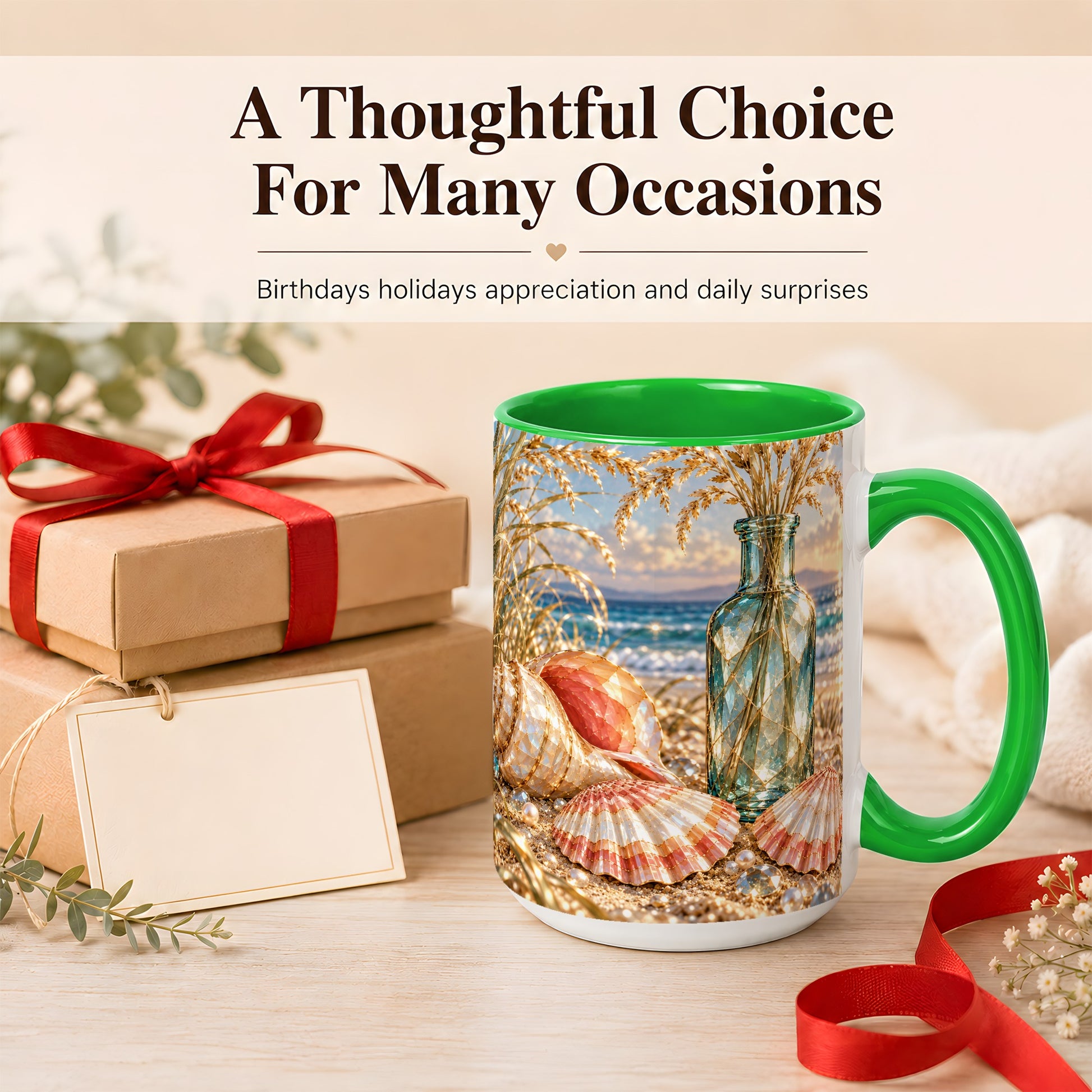 #pl[15oz|Green] Sunset Seashell Coffee Mug, Faceted Beach Mug, Ceramic Cup, Coastal Art
