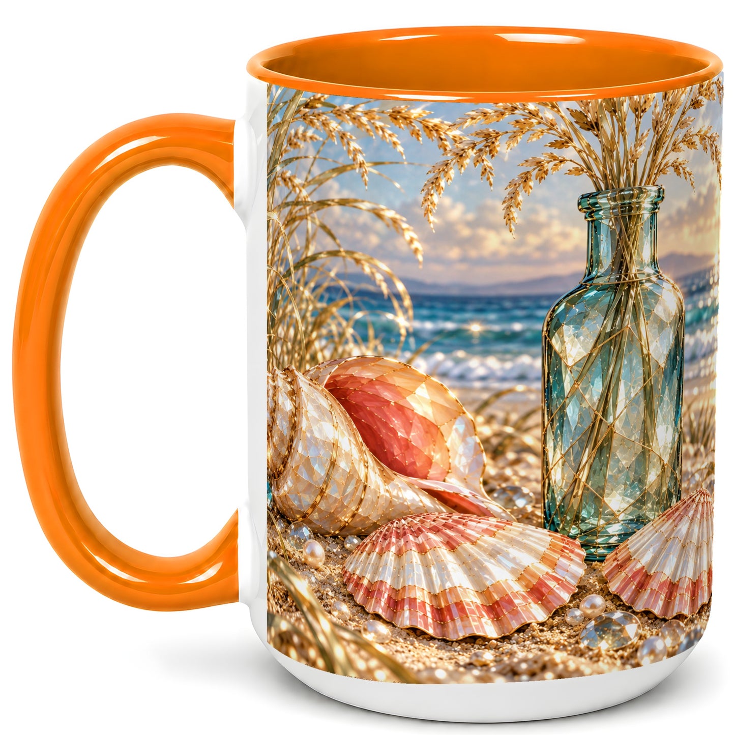 #pl[15oz|Orange] Sunset Seashell Coffee Mug, Faceted Beach Mug, Ceramic Cup, Coastal Art