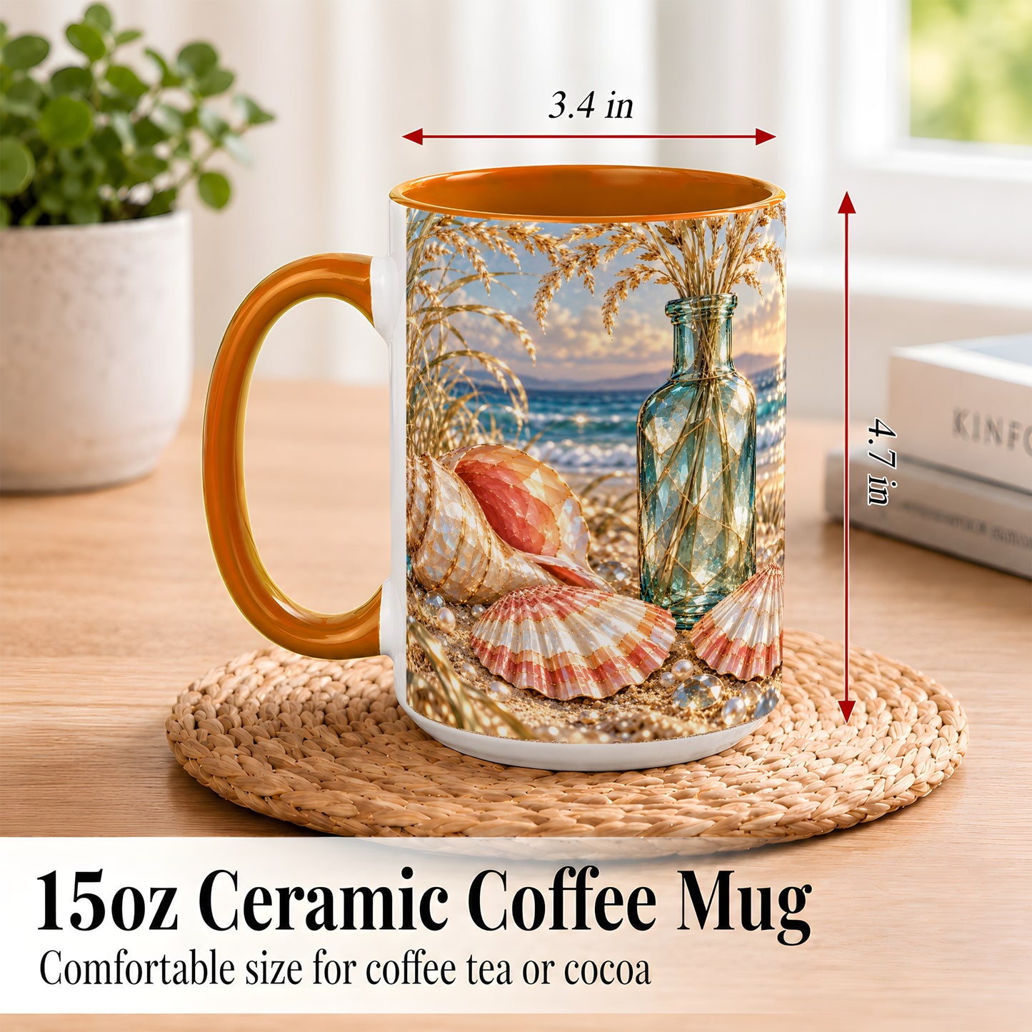 #pl[15oz|Orange] Sunset Seashell Coffee Mug, Faceted Beach Mug, Ceramic Cup, Coastal Art