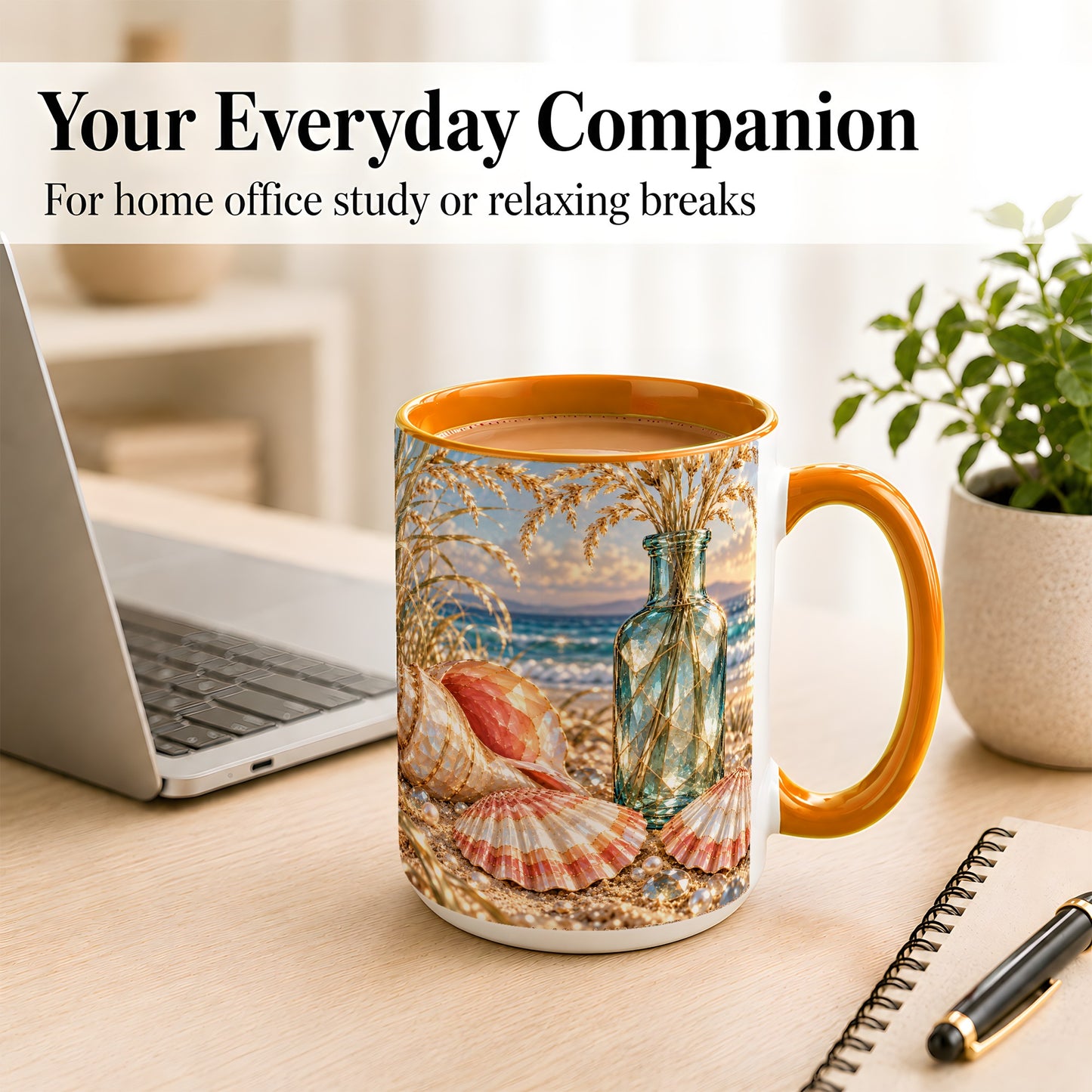 #pl[15oz|Orange] Sunset Seashell Coffee Mug, Faceted Beach Mug, Ceramic Cup, Coastal Art