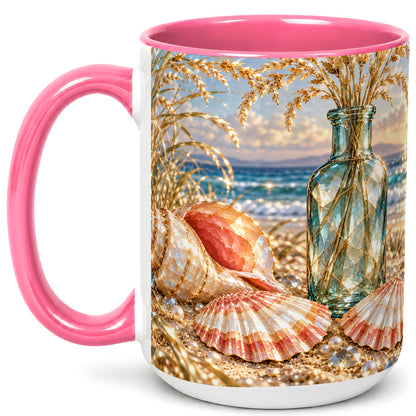 #pl[15oz|Pink] Sunset Seashell Coffee Mug, Faceted Beach Mug, Ceramic Cup, Coastal Art