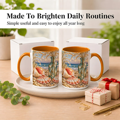 #pl[15oz|Orange] Sunset Seashell Coffee Mug, Faceted Beach Mug, Ceramic Cup, Coastal Art
