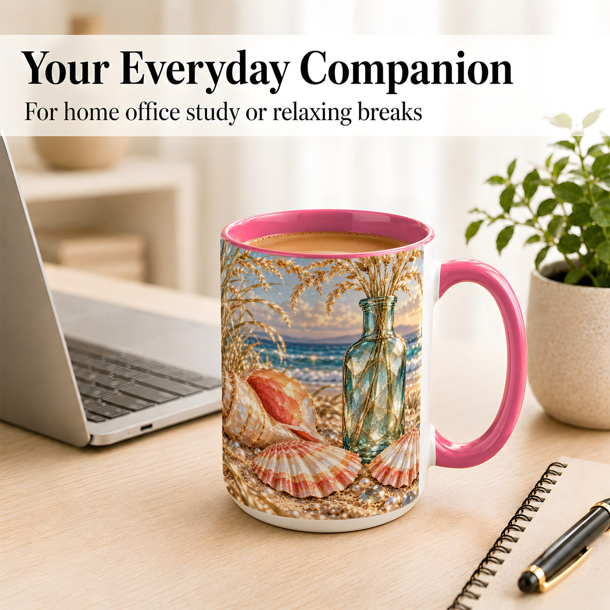 #pl[15oz|Pink] Sunset Seashell Coffee Mug, Faceted Beach Mug, Ceramic Cup, Coastal Art