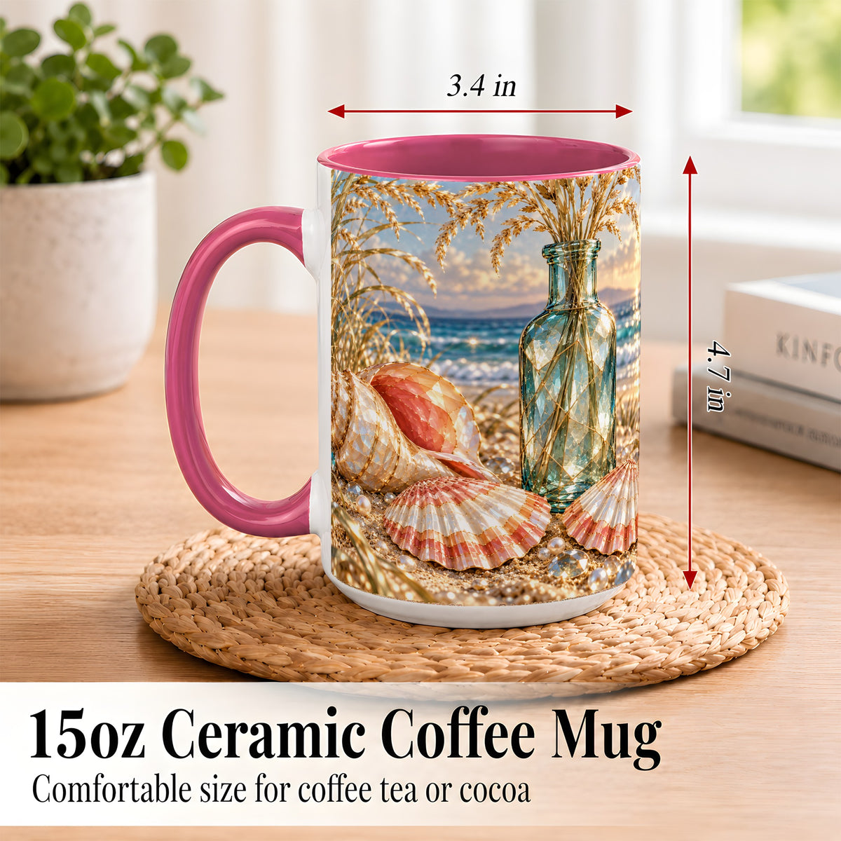 #pl[15oz|Pink] Sunset Seashell Coffee Mug, Faceted Beach Mug, Ceramic Cup, Coastal Art