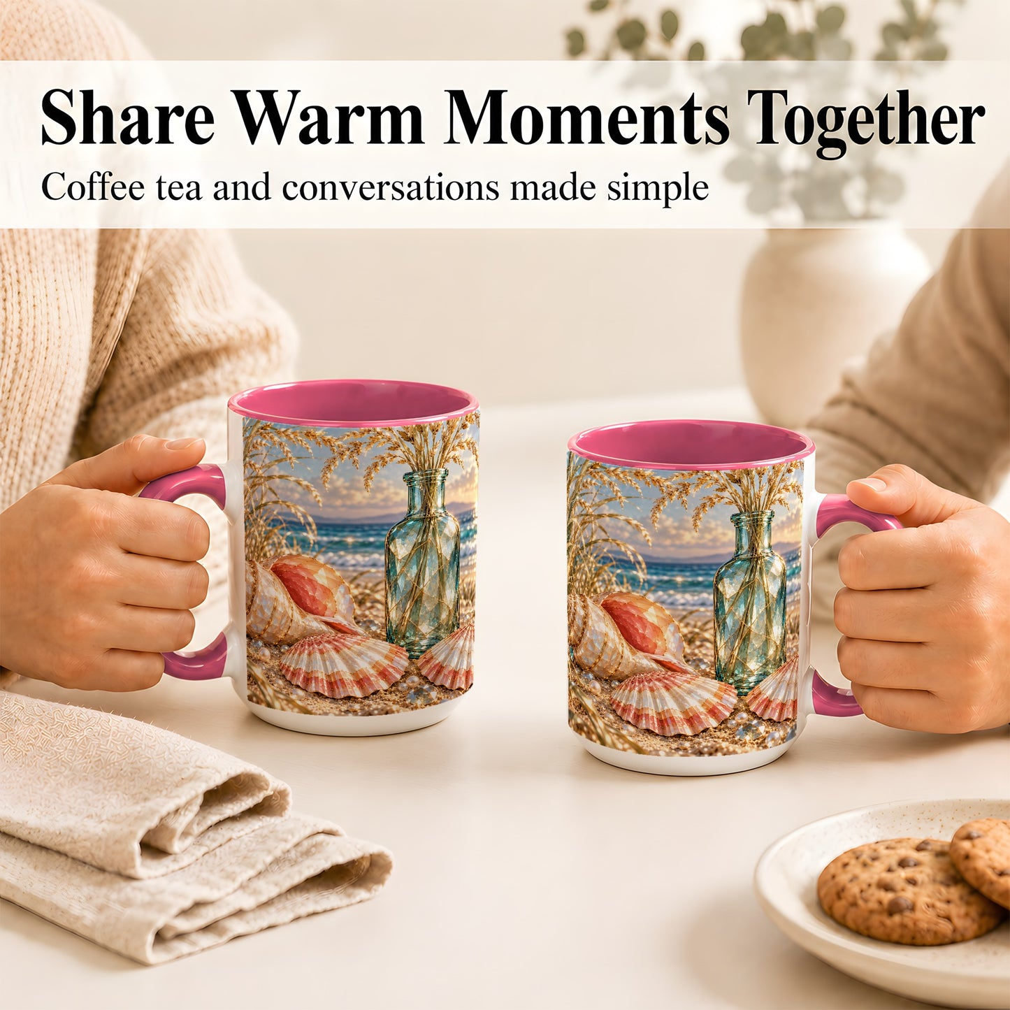 #pl[15oz|Pink] Sunset Seashell Coffee Mug, Faceted Beach Mug, Ceramic Cup, Coastal Art