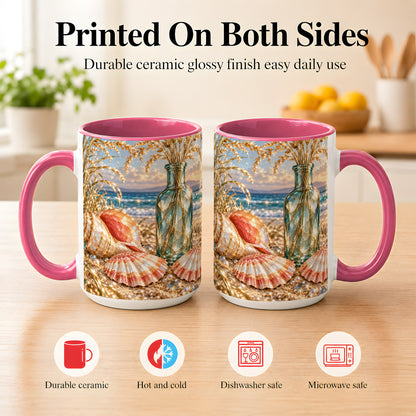 #pl[15oz|Pink] Sunset Seashell Coffee Mug, Faceted Beach Mug, Ceramic Cup, Coastal Art